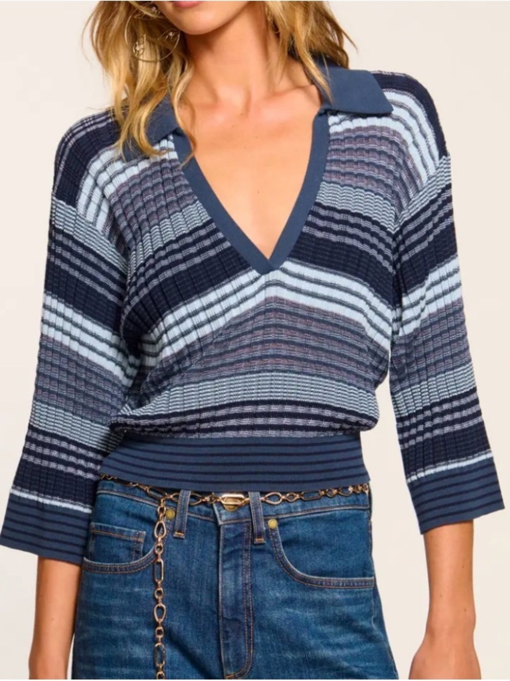 Ramy Brook Navy and Light Blue Striped V-Neck Sweater Top